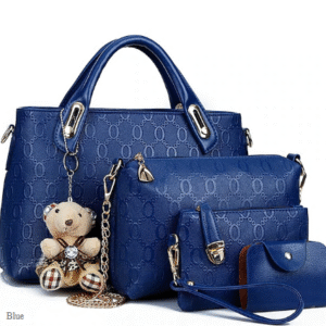 4-Piece Blue Handbag Set for Women – Tote, Shoulder, Crossbody & Wallet with Teddy Bear Charm for Daily Use