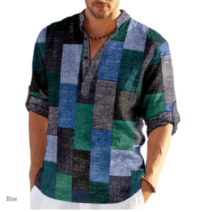 Men’s Patchwork Geometric Plaid Shirt – Long Sleeve Button-Up Fashion Streetwear for Casual & Going Out