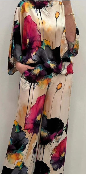 Women’s Floral Streetwear Set – Long Sleeve Blouse & Wide Leg Pants for Daily Casual Fashion