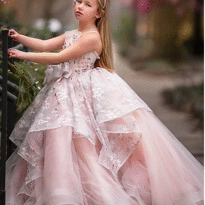 Girls’ Floral Flower Girl Dress – Sleeveless Ruched Mesh Wedding & Party Dress with Asymmetrical Swing A-Line Design (Pink, 3-12 Years)