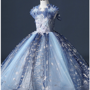 Girls’ Princess Flower Girl Dress – Off-Shoulder Embroidered Floral Party & Wedding Dress (Light Blue, 3-12 Years)