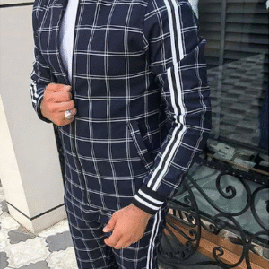 Men’s 2-Piece Plaid Tracksuit – Full-Zip Jogging Set for Gym, Workout & Casual Wear (White/Navy/Blue, Fall)