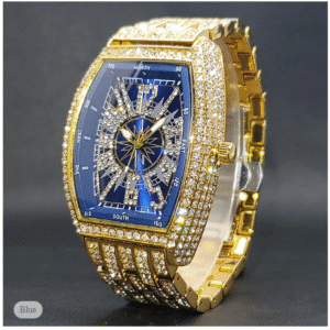 Iced Out Quartz Watch for Men & Women – Big Blue Face Diamond Hip Hop Waterproof Wristwatch