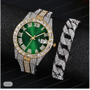 Quartz Watch for Women – Iced Out Geometrical Big Face with Gold Cuban Chain Hip Hop Bracelet Watch