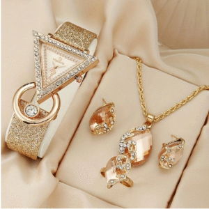 5pcs/set Women’s Luxury Triangle Pointer Quartz Watch & Jewelry Set – Shiny Rhinestone Analog Wristwatch Gift for Mom