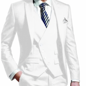 Men’s Wedding & Prom Party Suit – White & Dark Blue 3-Piece, Single Breasted One-Button Standard Fit Tuxedo