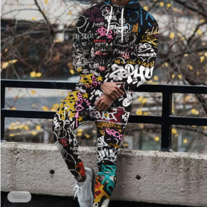 Men's 2-Piece Graffiti Letter Hoodie Tracksuit – 3D Print Streetwear Set for Daily & Casual Outings