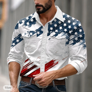Men's Western Cowboy Shirt – Button Up, Long Sleeve, US Flag 3D Print, Casual & Formal