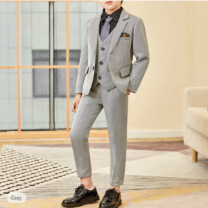 Boys' Formal 4-Piece Suit Set – Blazer, Vest, Trousers, Shirt, V Neck, Stripe Design