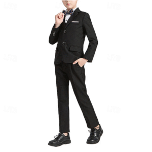 Boys' 4-Piece Formal Suit Set – Blazer, Vest, Pants & Tie, Ring Bearer, Solid Color Design