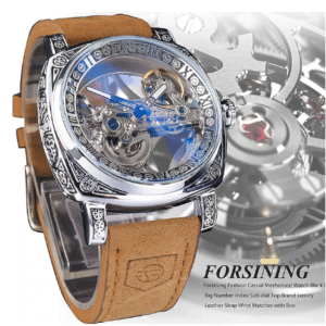 FORSINING Skeleton Mechanical Watch – Automatic Self-Winding, Hollow Dial, Leather Strap, Waterproof Design