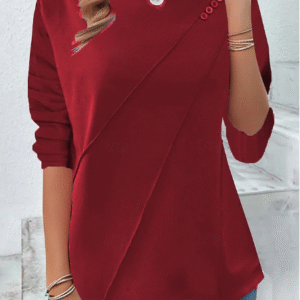 Women's Casual Long Sleeve T-Shirt – Stylish Crew Neck, Button Detailing, Regular Fit for Daily Wear