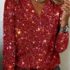 Women's Sequin Blouse – Long Sleeve V-Neck, Basic Modern Style for Daily & Holiday Wear