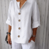 Women's Cotton Linen Button-Up Blouse – 3/4 Sleeve, V-Neck, Casual & Comfortable for Daily Wear