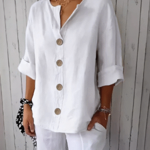 Women's Cotton Linen Button-Up Blouse – 3/4 Sleeve, V-Neck, Casual & Comfortable for Daily Wear