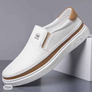 Men's White Slip-On Sneakers with PU Accents for Streetwear and Casual Outfits