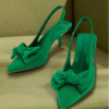 Green Bow Kitten Heel Slingback Shoes with Pointed Toe for Date Night & Casual Wear
