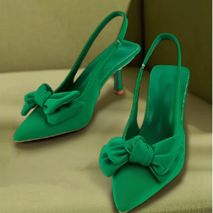 Green Bow Kitten Heel Slingback Shoes with Pointed Toe for Date Night & Casual Wear