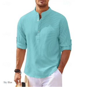 Men's Popover Shirt – Casual Summer Beach Shirt with Stand Collar & Long Sleeves for Vacation Wear