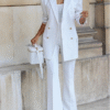 Women's Office Pants Set – Long Sleeve Blouse with Shirt Collar & Double Button Detail