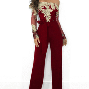 Women's Elegant Lace Embroidered Off-Shoulder Jumpsuit – Floral Partywear with Long Sleeves
