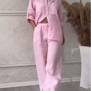 Women's Active Blouse & Pants Set – Long Sleeve Shirt Collar with Double Button Detail