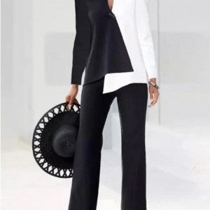 Women's Vintage Office Suit Set – V-Neck Long Sleeve Patchwork Top with Tailored Dress Pants