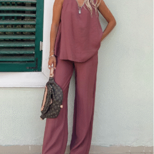 Women's Cotton-Linen Blouse & Pants Set – Sleeveless V-Neck Casual Daily Outfit
