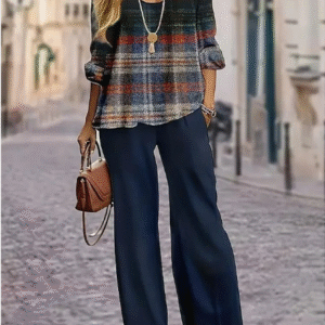 Women's Ombre Geometric Print V-Neck Blouse Set – 2-Piece Casual Summer Outfit with 3/4 Sleeves