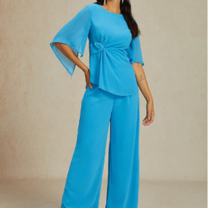Women's Elegant Blouse & Trousers Set – Ruched Crew Neck Half Sleeve 2-Piece Outfit for Daily & Wedding Wear