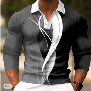 Men's 3D Geometric Print Polo Shirt – Long Sleeve Collared Button-Up for Work or Casual Wear