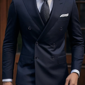 Men's Dark Blue Double-Breasted Wedding & Business Suit – Six-Button Tailored Fit 2-Piece Set
