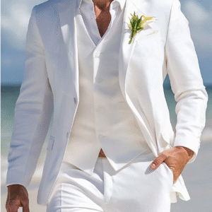 Men's White Beach Wedding Suit – 3-Piece Single-Breasted Two-Button Formal Wear for Summer