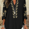 Women’s Boho Floral Blouse – Vintage Graphic Print V-Neck Long Sleeve Tops for Daily & Vacation Wear