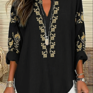 Women’s Boho Floral Blouse – Vintage Graphic Print V-Neck Long Sleeve Tops for Daily & Vacation Wear