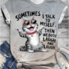 Women’s Casual Cat Print T-Shirt – Short Sleeve Round Neck Gray Tee for Daily Summer Wear