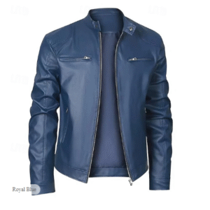 Men’s Faux Leather Biker Jacket – Standing Collar Casual Travel Jacket with Pockets for All Seasons