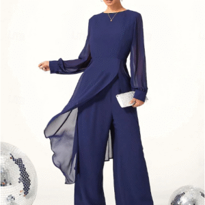 Women's Elegant Wide-Leg Jumpsuit with Sheer Sleeves for Wedding & Evening Events