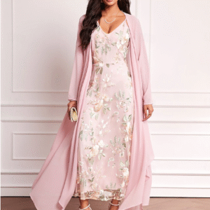 Women's Elegant Maxi Dress Set with Embroidered Chiffon Cardigan for Wedding & Formal Events