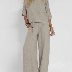 Women's Cotton-Linen Streetwear Set with Collared Shirt & Linen Pants