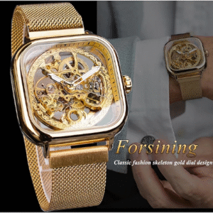 Men’s Square Skeleton Automatic Watch with Mesh Steel Band – Mechanical Business Wristwatch