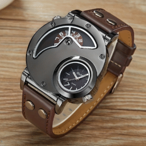 Men’s Dual Time Zone Quartz Watch with Leather Strap – Sporty & Casual Wristwatch